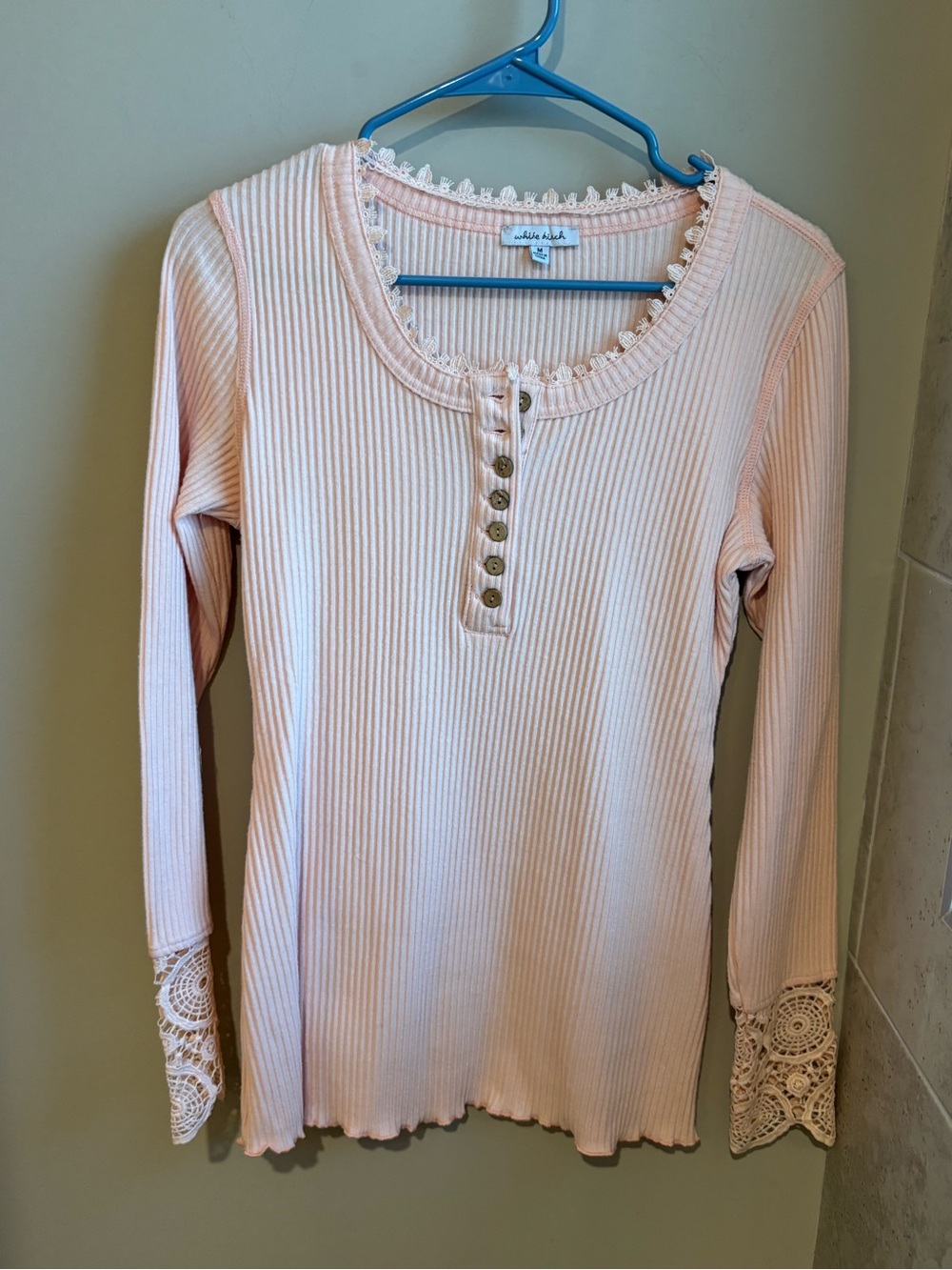 white birch Blush Pink Ribbed Lace-Trim Henley